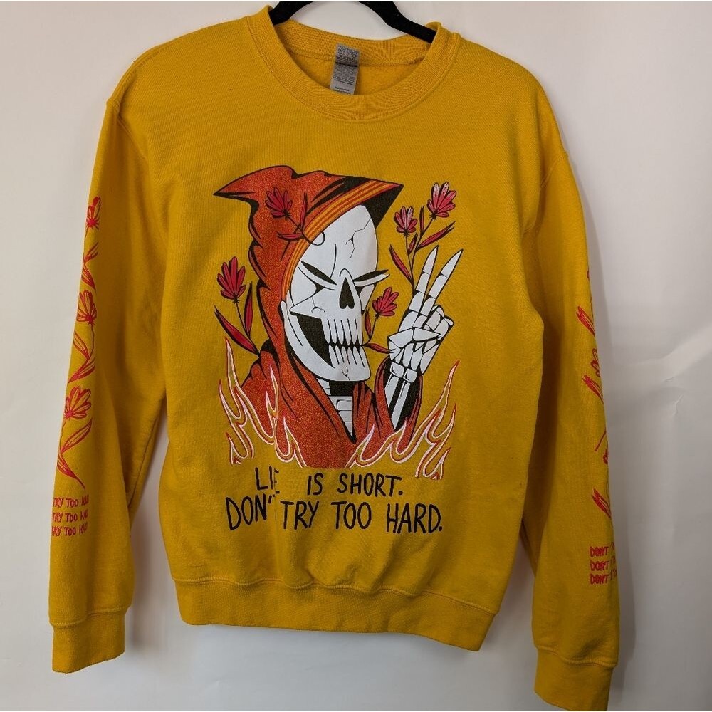Wiked Clothes Graphic Skeleton Sweatshirt Small Yellow Streetwear Flames Print
